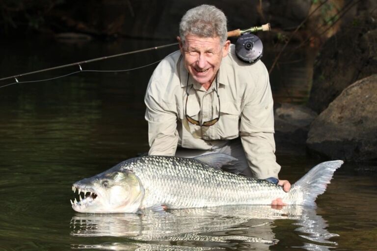 A fisherman smiles while holding a large tigerfish with sharp teeth in the water.