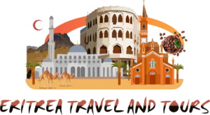 Visa on Arrival And Travel Permits For Central African Republic A colorful illustration depicting a Middle Eastern cityscape with mosques, camels, and palm trees, juxtaposed with a coffee bean bowl and a Western-style church.
