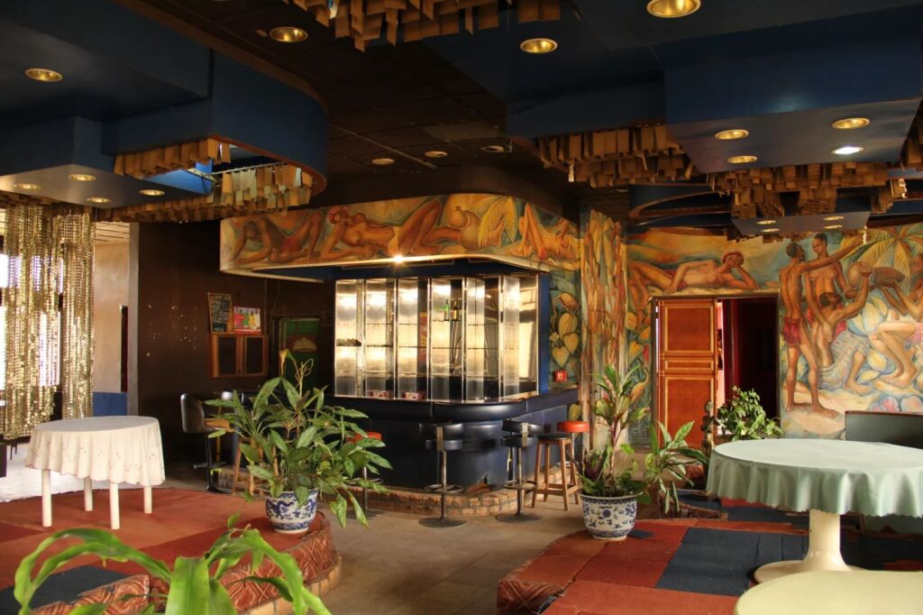 A uniquely decorated room features vibrant murals, a distinctive bar with a reflective back, and potted plants, showcasing a blend of artistic flair and tropical ambiance.