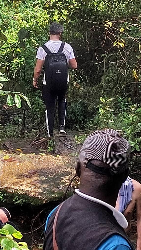 A group of people hike through a lush, green forest, with one person wearing a backpack in front and another wearing a striped cap in the foreground.
